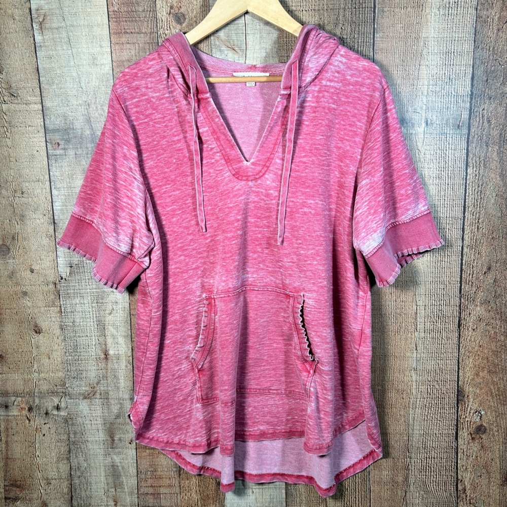 Jane + Delancey Pink Acid Wash Burnout Short Sleeve Hoodie Ruffle Trim Top 1X